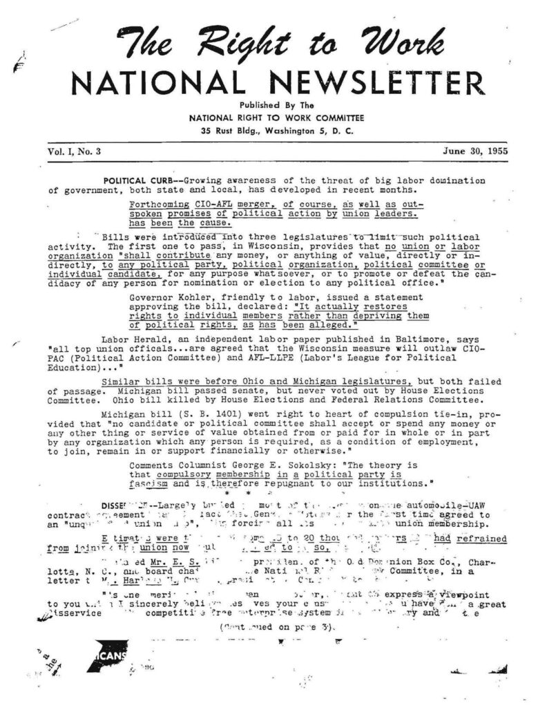 June 1955 National Right to Work Newsletter.