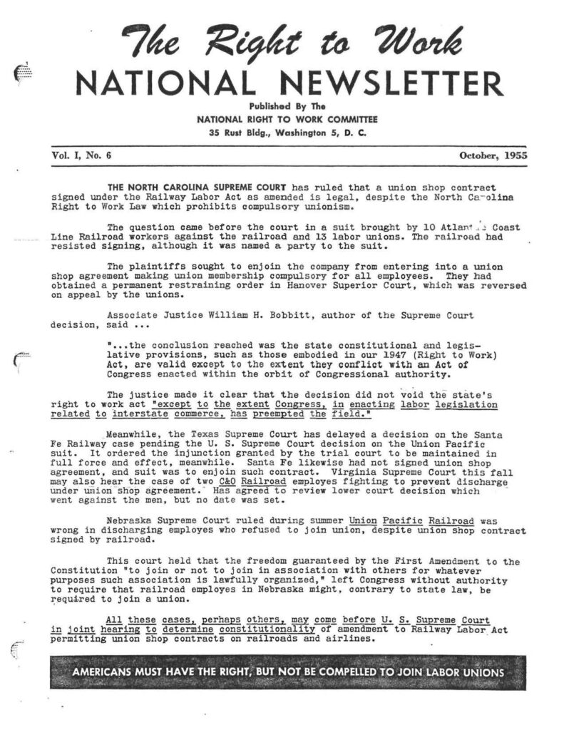 October 1955 National Right to Work Newsletter