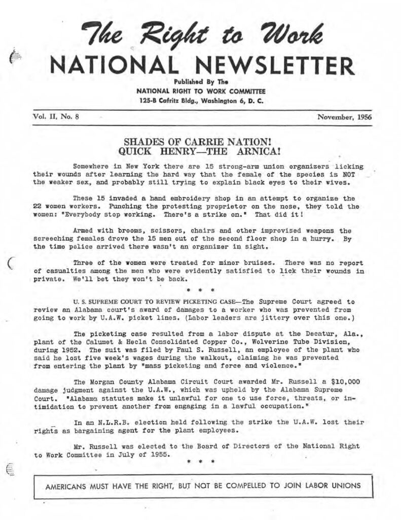 November 1956 National Right to Work Newsletter