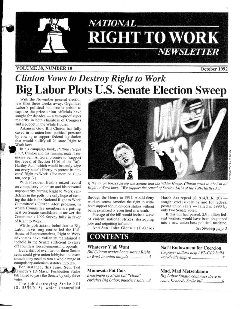 October 1992 National Right to Work Newsletter