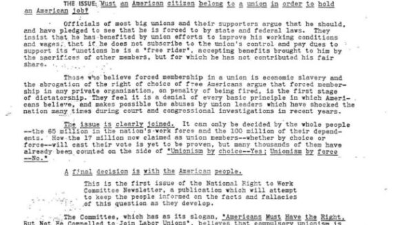 February 1955 National Right to Work Newsletter Summary