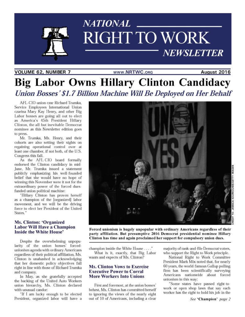 August 2016 National Right to Work Newsletter