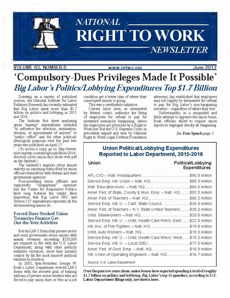 June 2017 National Right to Work Newsletter Summary
