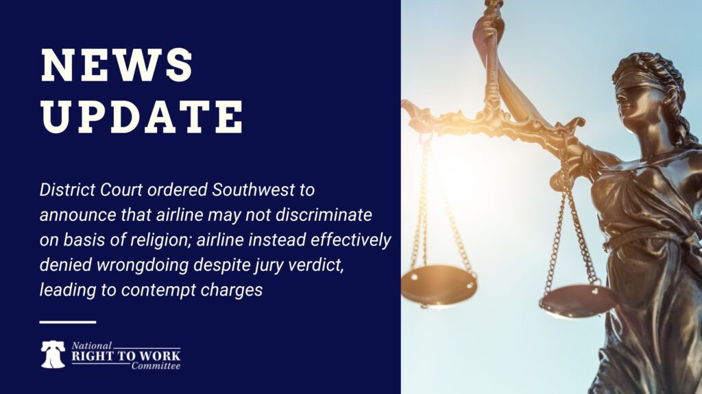 District Court ordered Southwest to announce that airline may not discriminate on basis of religion; airline instead effectively denied wrongdoing despite jury verdict, leading to contempt charges
