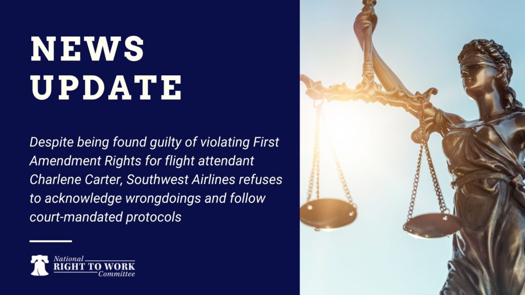 Despite being found guilty of violating First Amendment Rights for flight attendant Charlene Carter, Southwest Airlines refuses to acknowledge wrongdoings and follow court-mandated protocols
