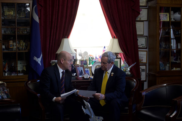 Mark Mix (left, pictured with National Right to Work Act lead House sponsor Joe Wilson in the latter’s D.C. office): Compulsory unionism’s economic track record is
getting harder and harder to defend.
