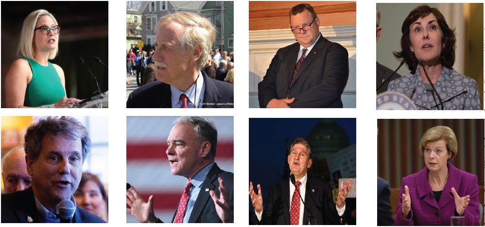 In 2021 and 2022, U.S. Sens. Kyrsten Sinema (Ariz., top row, left), Angus King (Maine), Jon Tester (Mont.), Jacky Rosen (Nev.), Sherrod Brown (Ohio, bottom row, left), Tim Kaine (Va.), Joe Manchin (W.Va.), and Tammy Baldwin (Wisc.) all voted to approve hundreds of billions of dollars in Joe Biden’s Big Labor boondoggle spending. 