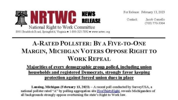 A-RATED POLLSTER: BY A FIVE-TO-ONE MARGIN, MICHIGAN VOTERS OPPOSE RIGHT TO WORK REPEAL