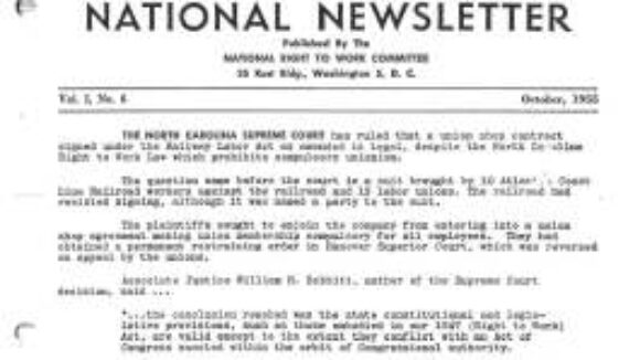 October 1955 National Right To Work Newsletter Summary