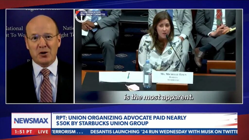 Mark Mix on Newsmax TV to discuss reports that union bosses spent millions to infiltrate Starbucks workforces with union agitators