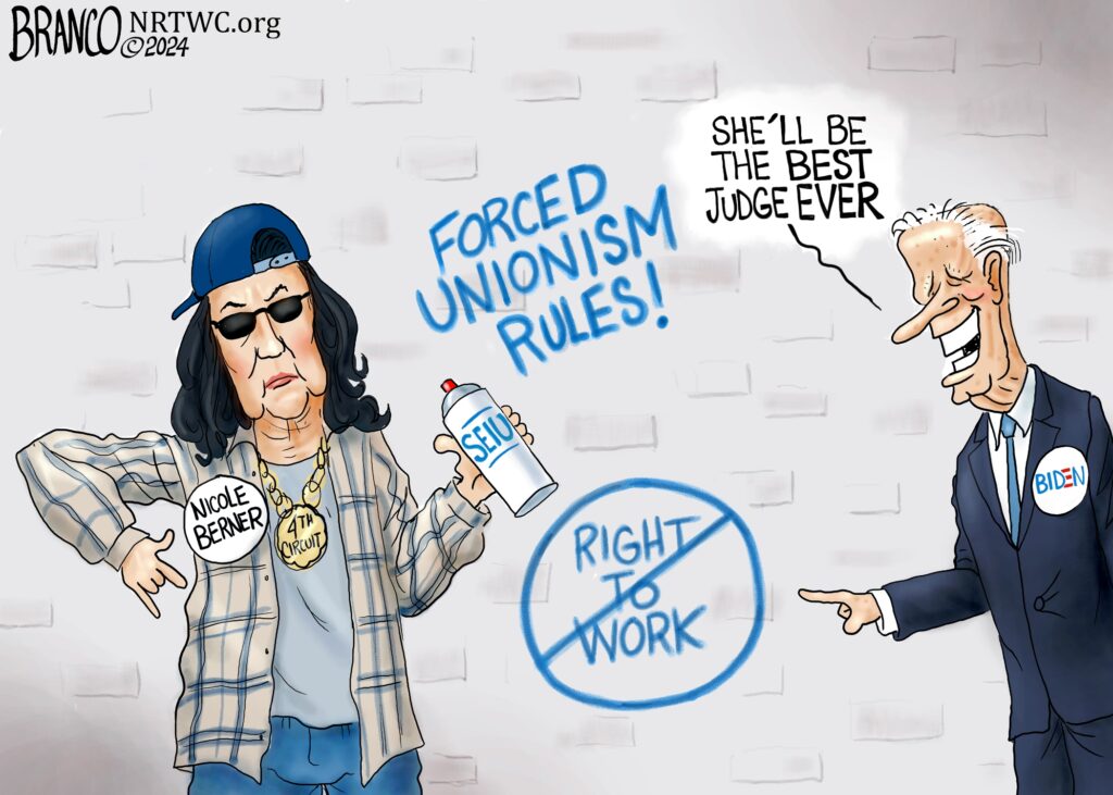 Biden 4th Circuit judicial nominee Nicole Berner spraypainting "Forced Unionism Rules" and "No Right to Work" with an SEIU spray can while President Joe Biden says "She'll be the best judge ever"