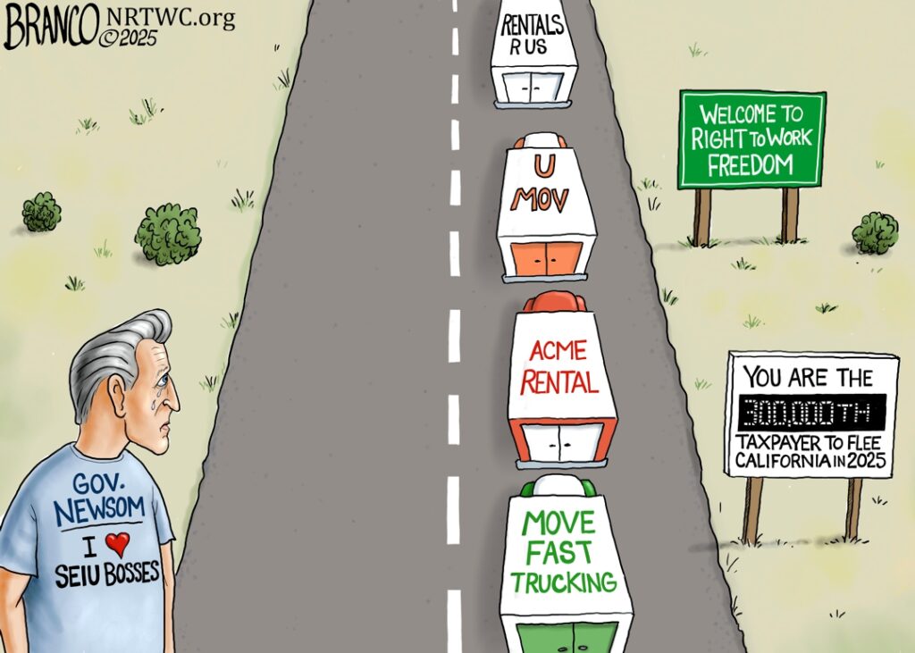Cartoon of taxpayers fleeing California to avoid forced union dues. 