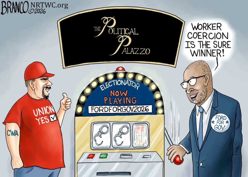 Cartoon; pro-union man and ford-for-gov ar slot machine.